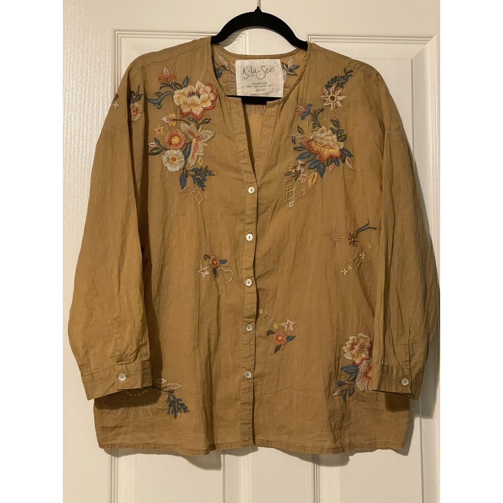 Kyla Seo Blouse Womens S Brown Embroidered Button Front 3/4 Sleeve Boho Top